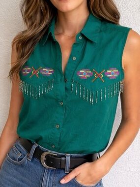 Southwest Canyon Beaded Fringe Western Sleeveless Button Down Sz S